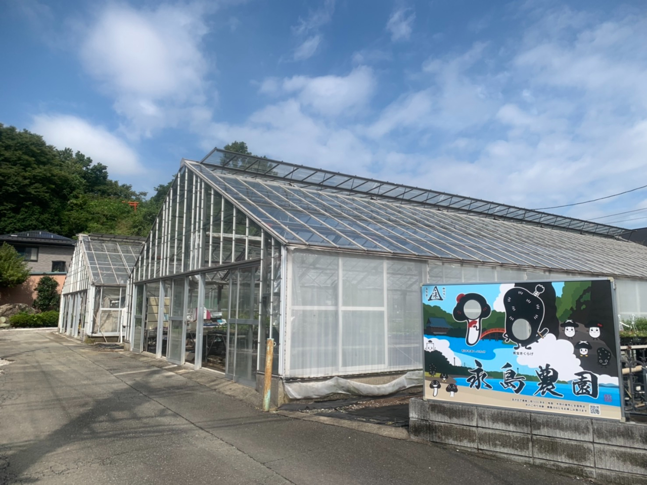農園入り口の目印は農業用ハウスと顔ハメ看板