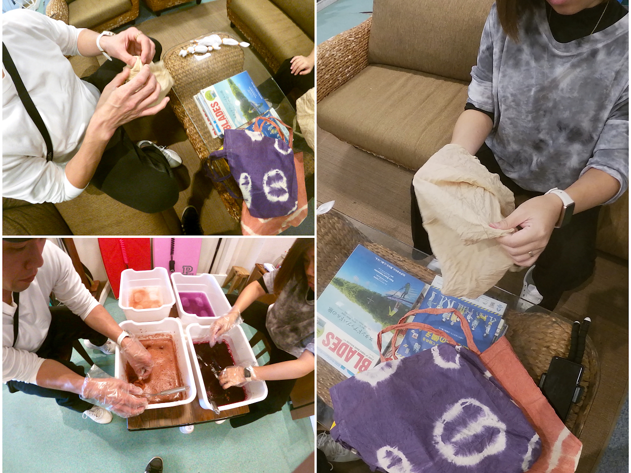 した処理をした生地を輪ゴムで絞り染料へ