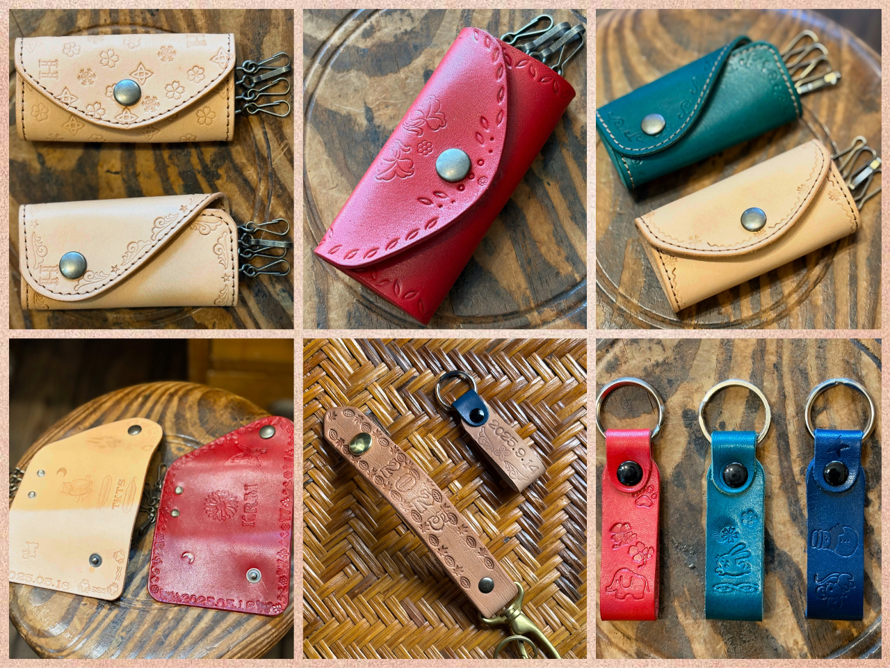 季節のデザインやオリジナルモノグラムなど人気です。上段はキーケースL(両端はステッチ)、下段中より右、ベルトループとキーホルダーBです。