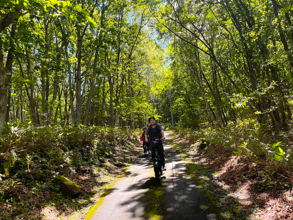 森の中のコースへ。スキー場もトラバースしながらぐんぐん駆け上がります!