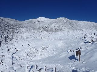 坪庭から見る北横岳。夏はごつごつした溶岩がある坪庭も冬は一面の雪景色となります。