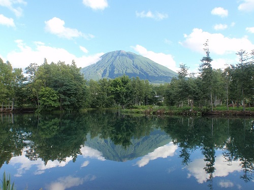 風のない日は池が鏡の様になり逆さ羊蹄山がうつりこみ絶景。