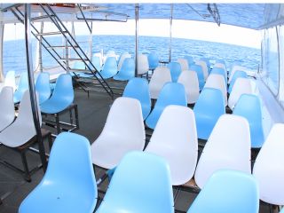 安心・安全・快適クルーズでホエールウォッチング♪ クジラポイントまでは安全に座席でクルージングをお楽しみください!前方向きシートを1人1席確約(`_´)ゞ