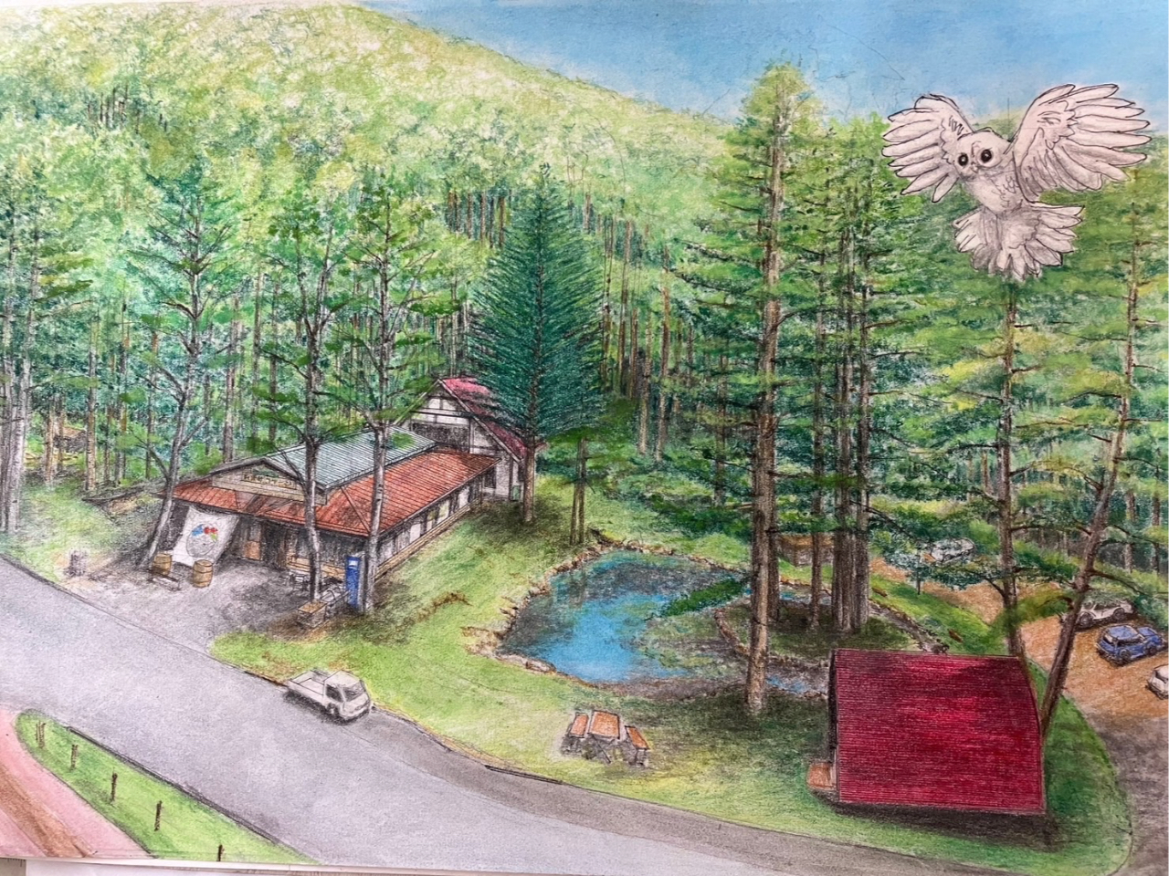 桜清水コテージセンターハウスと釣り堀イメージパース