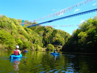 春の新緑の中をこいのぼりが気持ちよさそうに泳いでいる。カヤックを漕いでいると鳥のさえずりが響き渡ります。