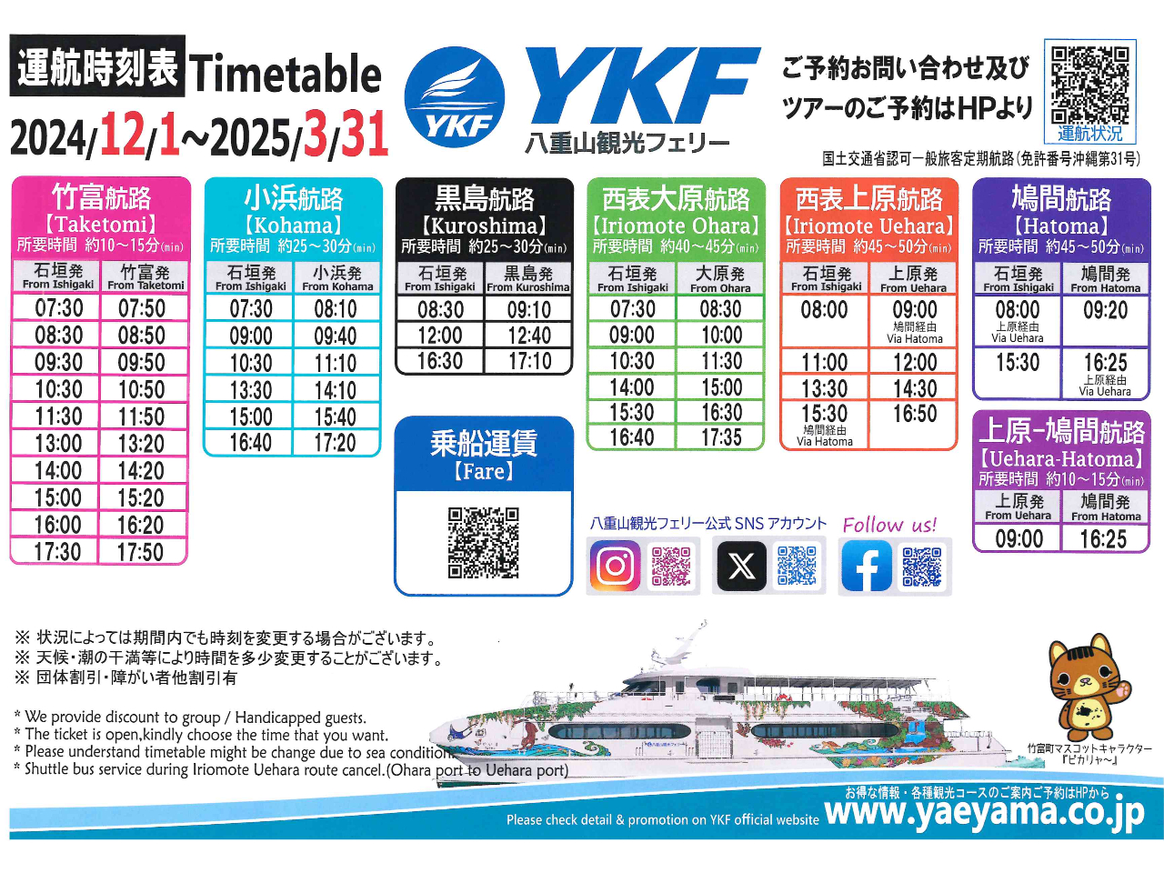 往復乗船券のみ】石垣島⇔西表島大原港☆時間帯自由のオープンチケット