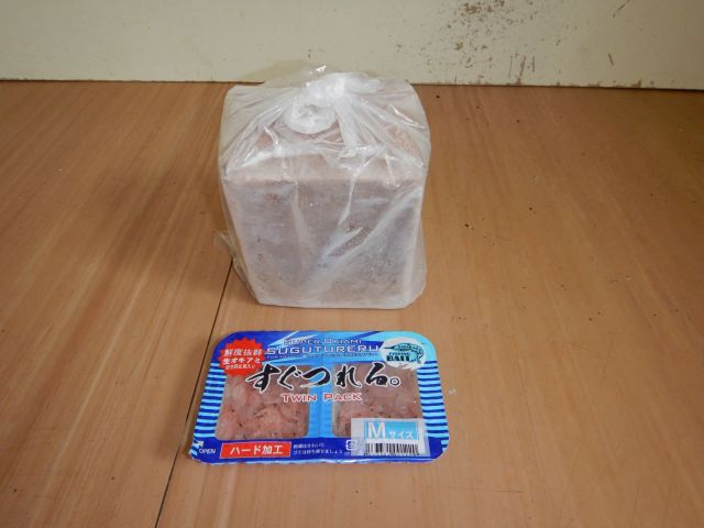 上のブロック状のアミエビ(撒餌)を溶かして使います。下のパックはオキアミ(付餌)で針に着けて使います。基本的にはセットでお買い求めください。(〜4名くらい)