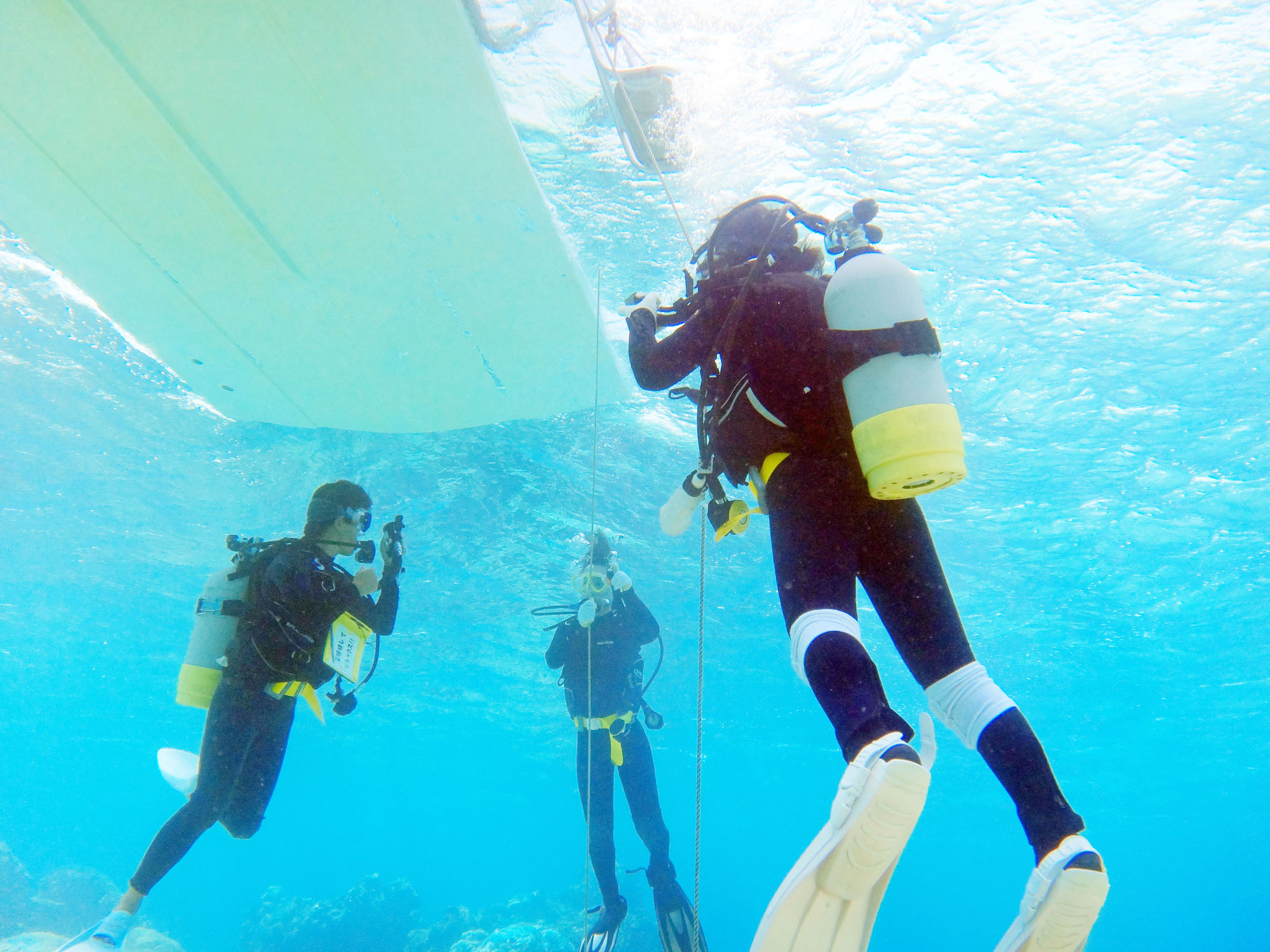 最初はロープにつかまって水中へ!