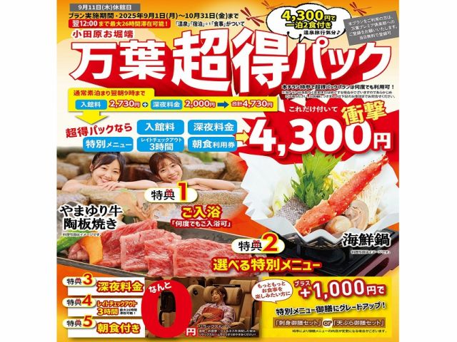 1泊2食付きで4,300円!衝撃価格の万葉超得パックプラン!翌日の正午までご滞在OK!