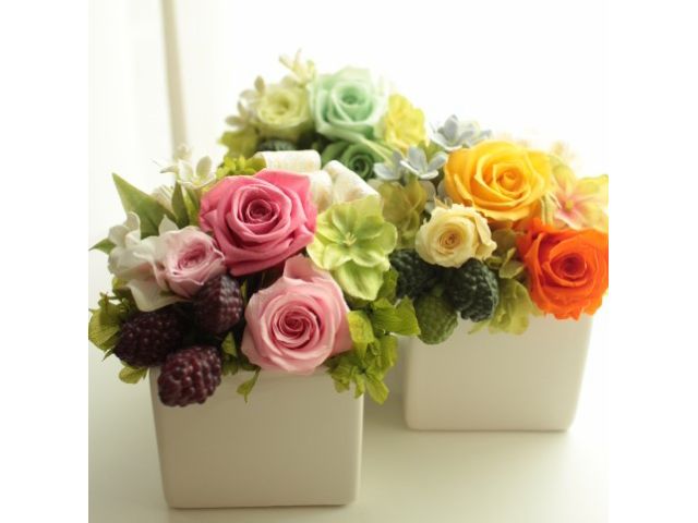 見ているだけで、明るい気持ちになり癒されるアレンジですピンク・イエロー・グリーンからお選びください(11×11×14cm  別売クリアケース有400円)