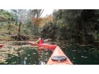 紅葉シーズンのツーリング風を景;晩秋のカエデのグラデーションと湖面の落ち葉に感動。リバーカヤック・シーカヤックを使います。カナディアンは予約時に一報下さい。