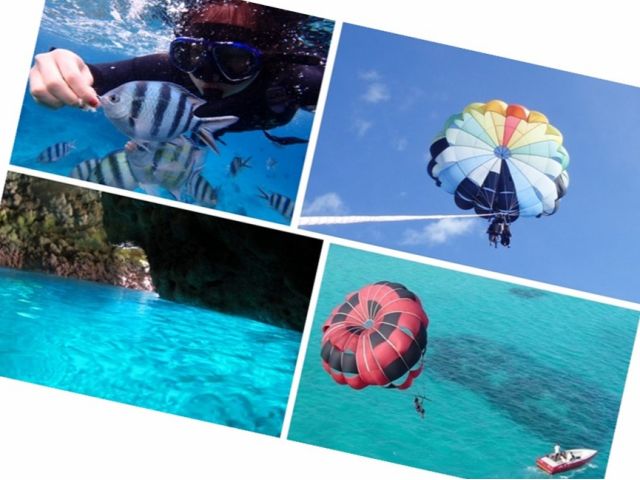 大人気の東海岸パラセーリングと青の洞窟シュノーケリングセット!8歳からお楽しみいただけます。