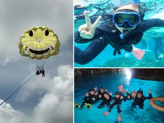大人気のパラセーリングと青の洞窟シュノーケリングセット!4歳からお楽しみいただけます。
