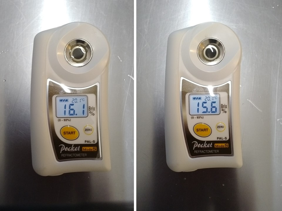 2021年10月17日:収穫一ヶ月前の『ふじ』の糖度。 品種やその年の状況・天候などによっても変わりますが、当園では平均より糖度が高くなるよう育てています。