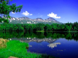 知床五湖遊歩道(地藏遊歩道)を散策すると雄大な大自然が目の前に。 初夏の知床五湖は優しい美しい新緑の森、残雪の知床連山が目に飛び込んできます。