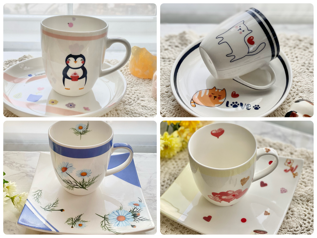 真っ白な陶器のカップとプレートのセットです。お好きな絵柄のシートをはさみで切り取り貼り付けてオリジナルの食器を作れます。