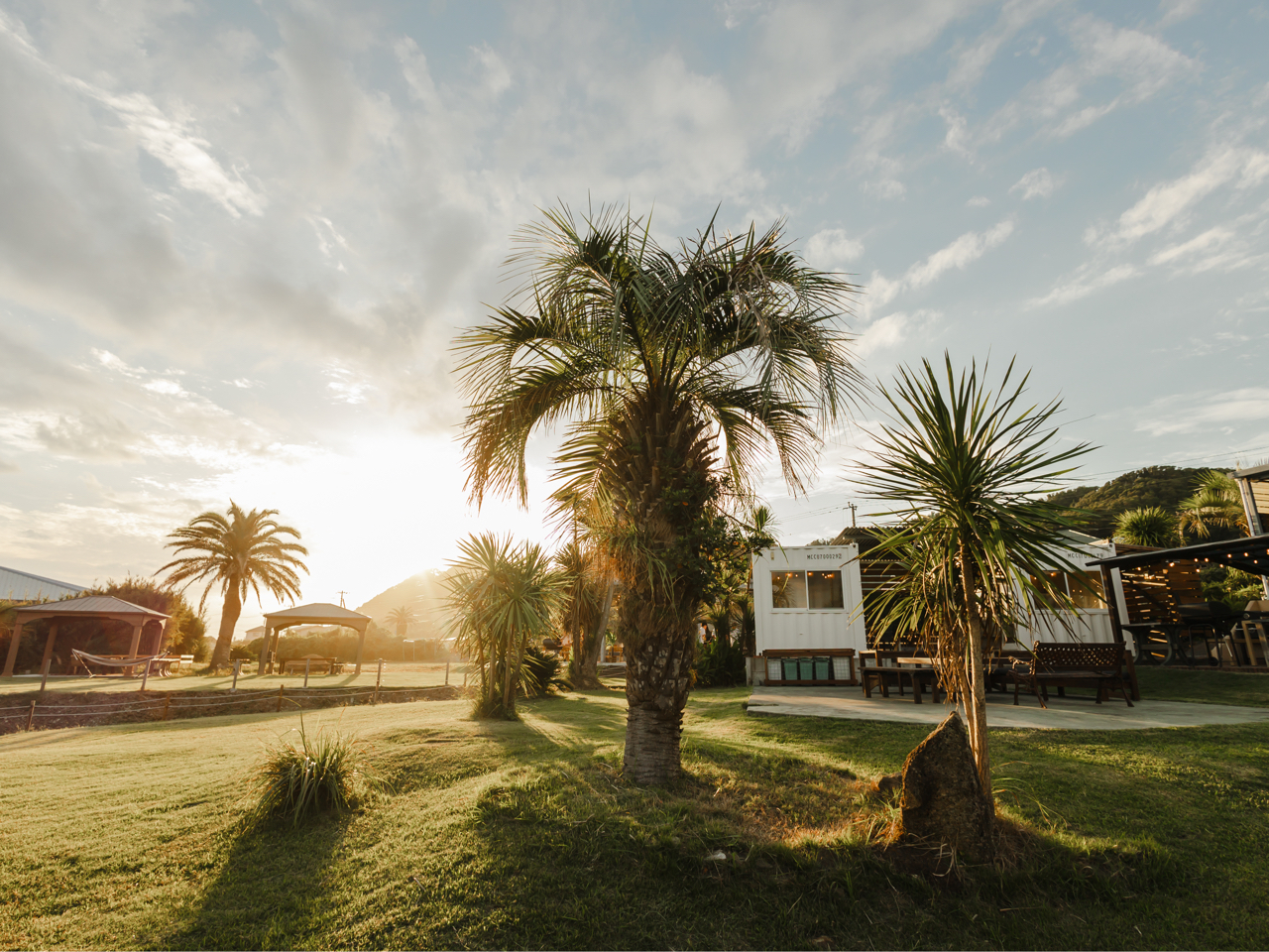 夕暮れの時間に山に沈む夕日とヤシの木