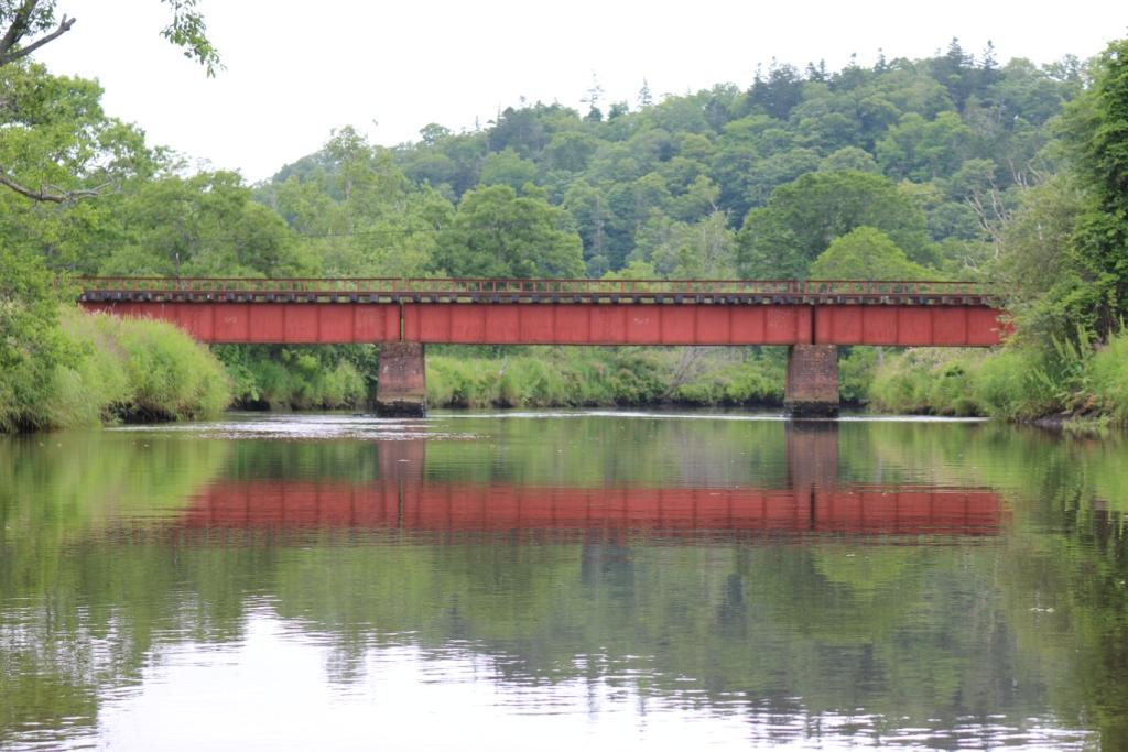 JR花咲線の鉄橋をカヌーで下ります。