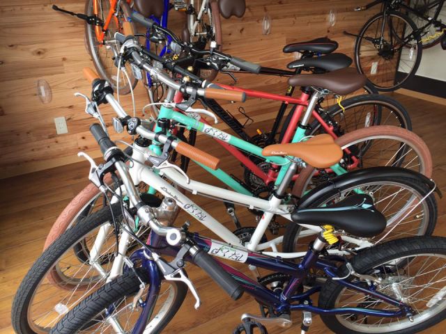 レンタサイクルのさまざまの大きさ。タンデムやトレーラーバイクも。お子様からご年配の方まで、大歓迎。