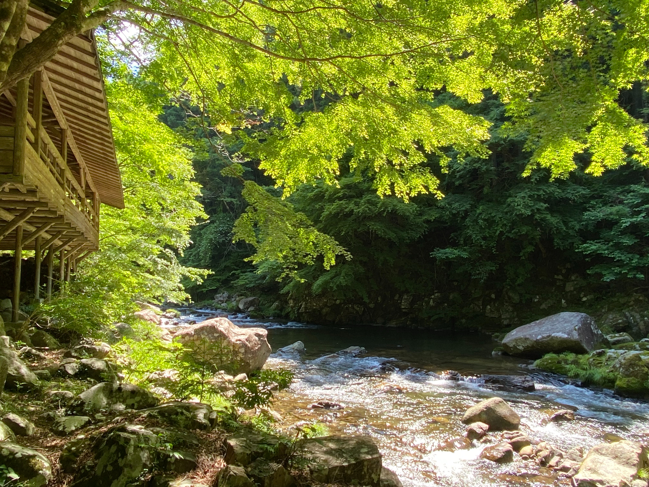 店の前を流れる段戸川