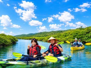 慶佐次川の穏やかな流れの中を、青空の下でゆったり楽しめるマングローブカヤック。初心者の方や女性にも人気の、開放感あふれる体験です。
