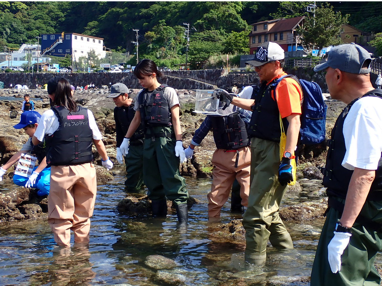 さぁ少しずつ海へ入ってみよう!胴長を着ているから濡れずに快適だね。