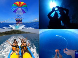 沖縄で大人気のアクティビティが3つセットで体験できます。絶景パラセーリング、青の洞窟ダイビング、絶叫ウォータトイ