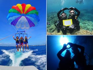 ご案内開始から10年。ご案内人数3万人突破!大人気青の洞窟ダイビング&パラセーリングセット!海でいっぱい遊べます。