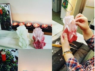 何層にも重なるロウを温かいうちに専用のカッターで削ってデザインを作ります。