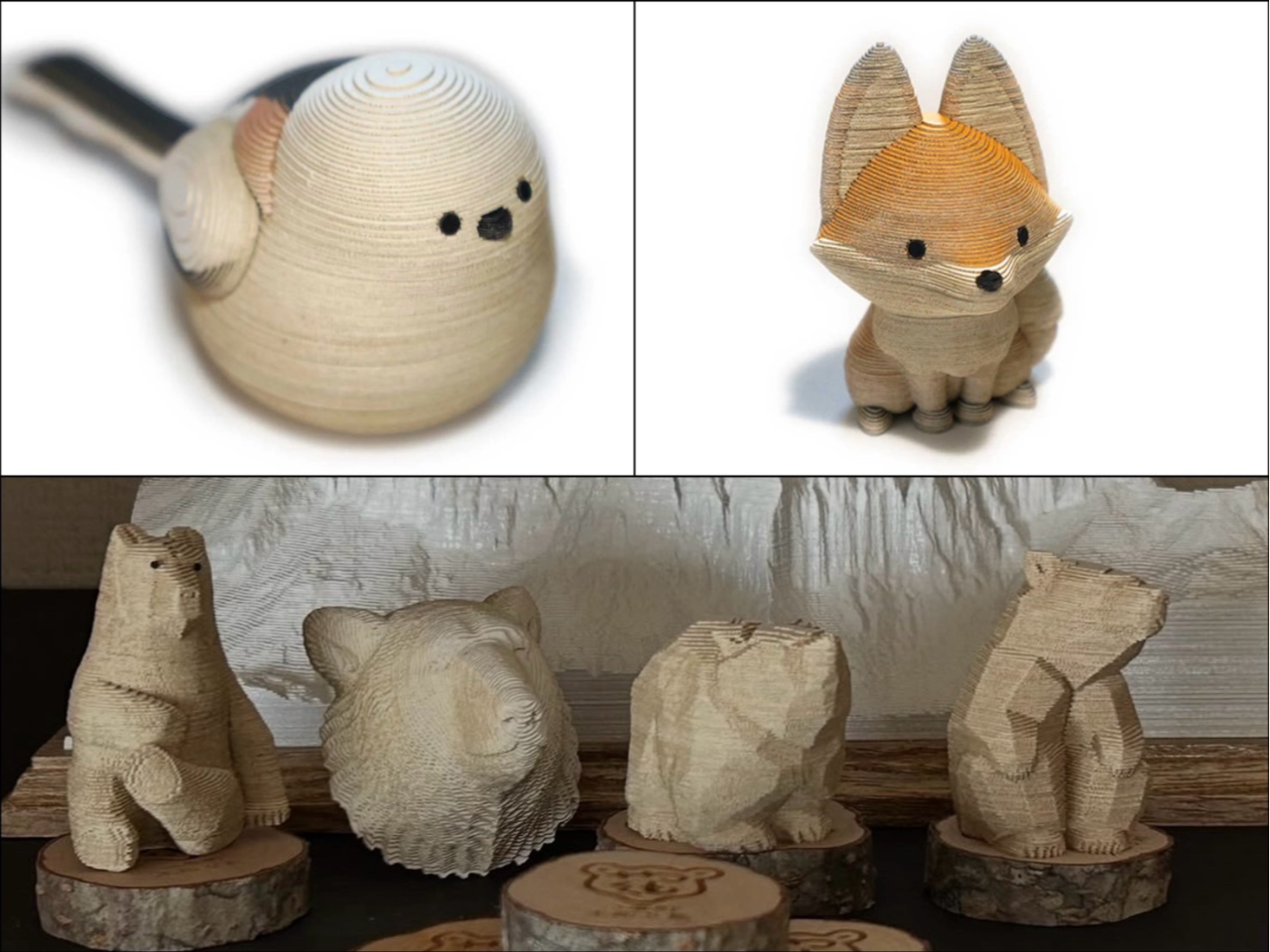 左から 増田きよたか(kodamadoの座熊) 茂木多喜治(まるみ食堂の熊マスク) 柴崎重行(木彫り熊資料館の這い熊) 加藤貞夫(レストラン昴の座熊)