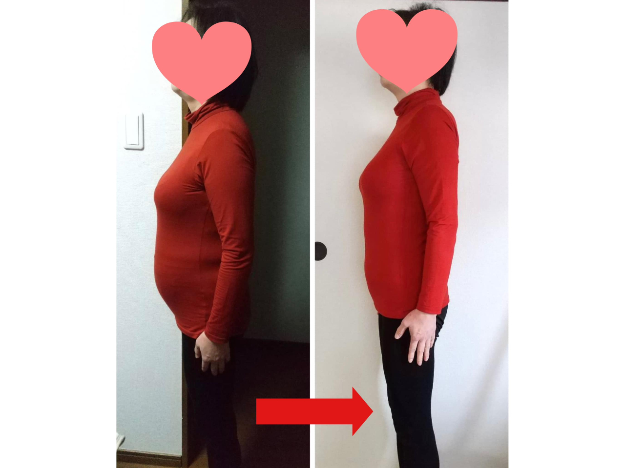 60歳の女性。お寿司もラーメンもケーキも、好きなものを我慢せずに食べています!たった2ヶ月半でこの変化!キツキツだったズボンがユルユルになりました!!