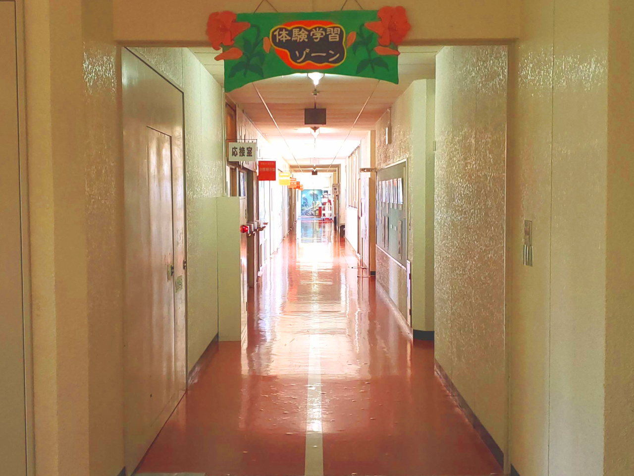 ここから先は展示室があるとってもなが〜い廊下です。天井近くには地球が出来てから人類が登場するまでの年表があります。