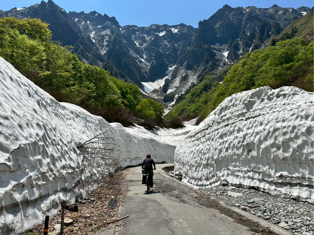 雪壁を颯爽と走る! まだ残雪の谷川岳では、こんな景色を見ることができます。季節限定です!
