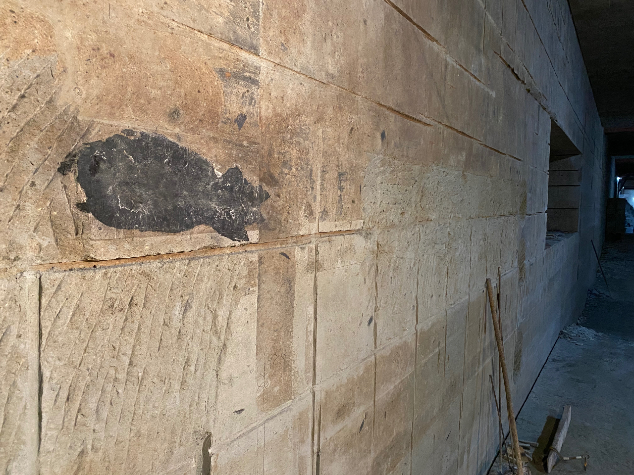 壁面は幾何学模様。まれに化石も出現。黒い部分は魚ではありません。