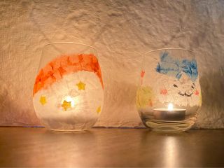 「和紙キャンドルランプコース」製作例 和紙を透したキャンドルの光が揺れ動きなら空間を包みます。ここでしか出来ない手作り体験です。