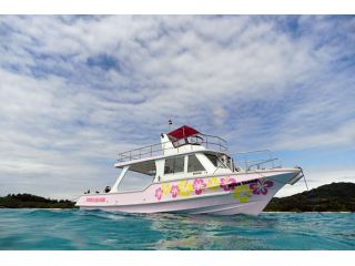 当社自社所有 シュノーケリング専用ボートは浅瀬に入れるようにスクリューを推進機としない大型ジェットボートは国内唯一のシュノーケリングクルーザー