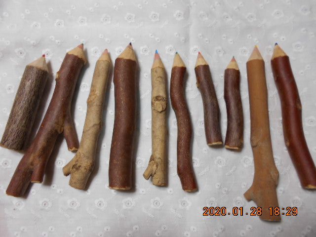 果樹園の自然の木の枝を使って、鉛筆や色鉛筆やボールペンを作ります。1時間で何本も作れます。