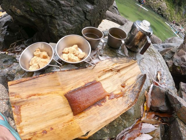 途中で岸辺に上陸したら、キツツキの声やせせらぎの音を聞きながら、おやつとお茶でごゆっくり…。カワセミやヤクザルなども川辺で目にすることができます。