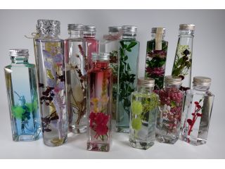 ハーバリウムとは【植物標本】という意味で、プリザーブドフラワーやドライフラワーなどの花材をオイルと一緒に入れ長期鑑賞を楽しむことができる新しいインテリア