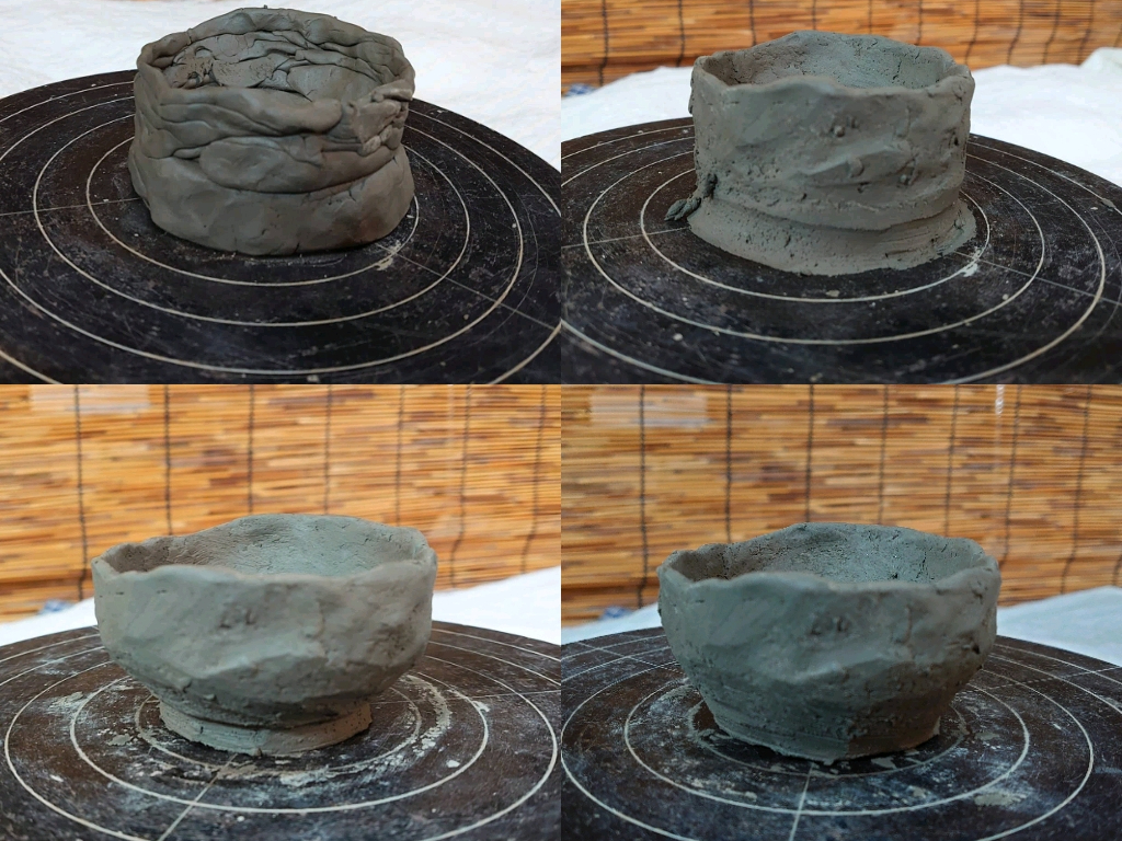 作品の仕上げ例。@4歳子供の製作作品(左上)。丁寧に粘土をつなぎ(右上)、削りで厚みと傾きを補正(右下)、完成(左下)。口周りの個性部分を触らずに残しています。