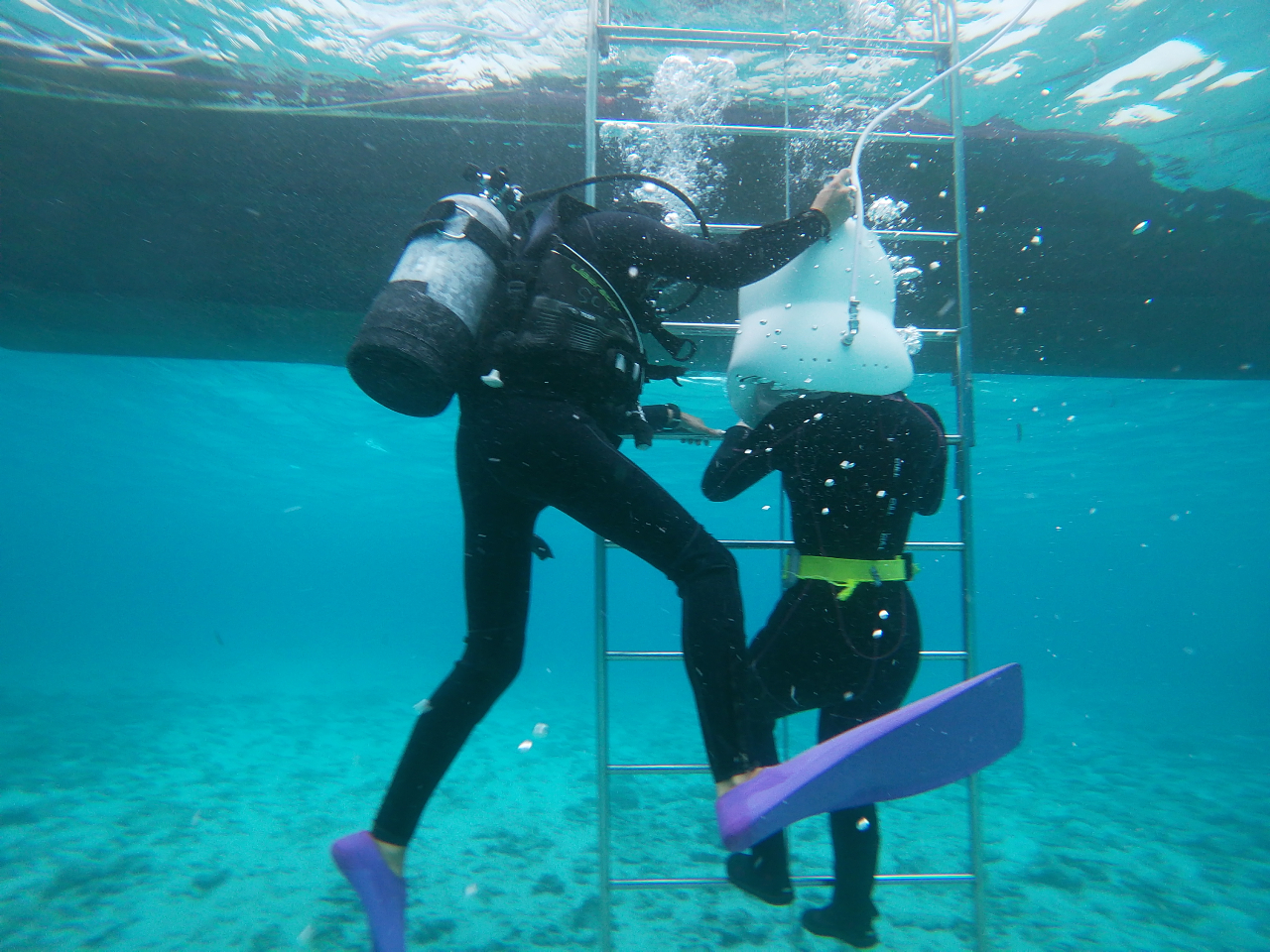 シーウォークはゆっくりハシゴを降りて行きます。