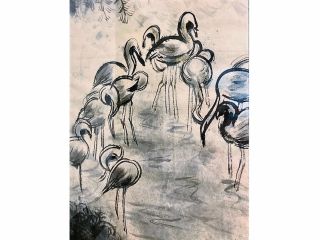フラミンゴ:墨絵