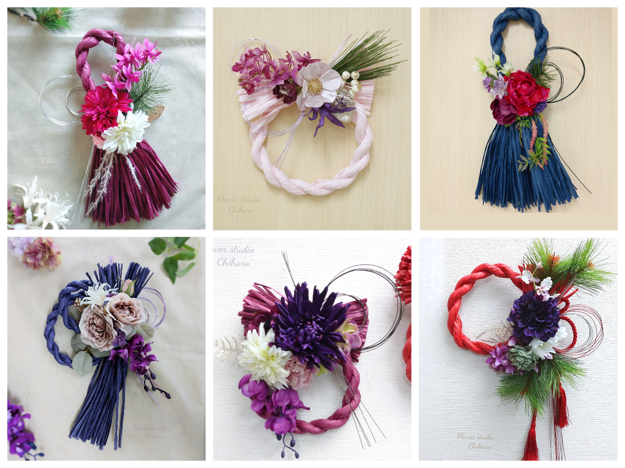 サンプル写真は生徒様作品。花材は豊富な種類からお選び頂きます。しめ縄は紫もあり。形もタッセル型、円形など。在庫各色どれも少数です。