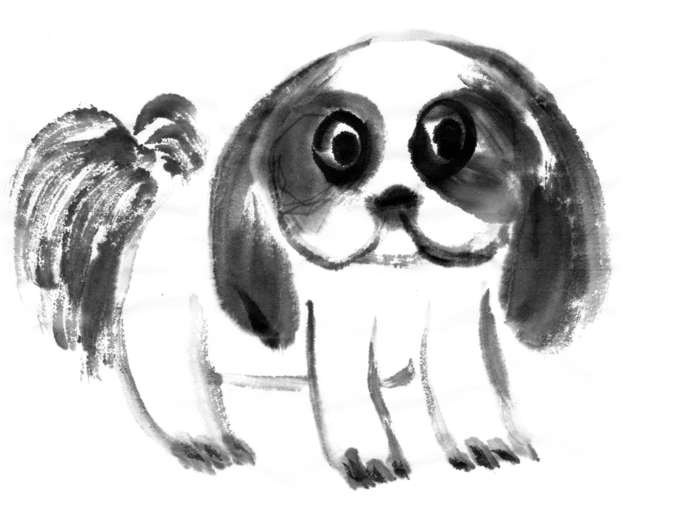 ♡手描き♡水墨画♡額付き♡ 親子の犬 DOG FAMILY「パグ 」手描き作品 額付 絵画 水墨画 | 和味文化