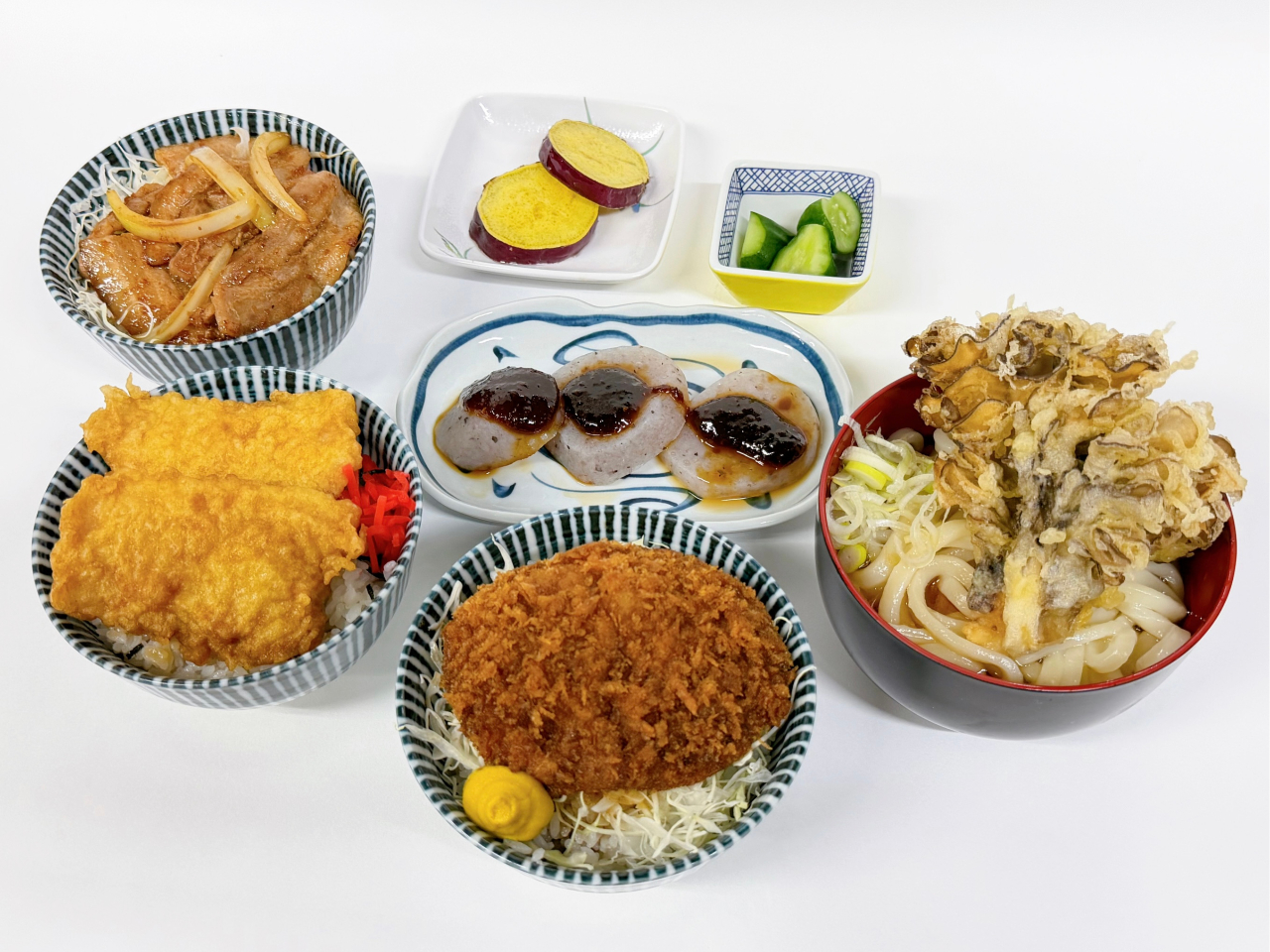 秋の舞茸うどんかそばに、3種類から選べる群馬のご当地ミニ丼付きセット♪