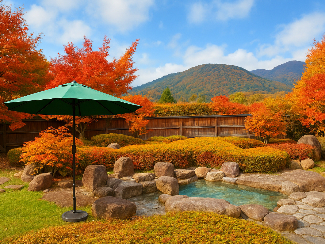 秋の紅葉の季節にはきれいな景色の中で、心も身体も癒されます。