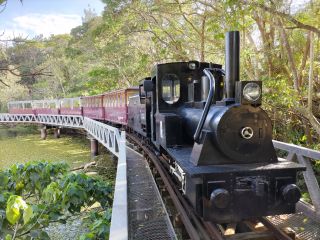 沖縄軽便鉄道。ガイド付きで園内一周約20分間。沖縄で大正時代まで実際に運行していた鉄道を4分の3スケールにて再現。蘇った鉄軌道。