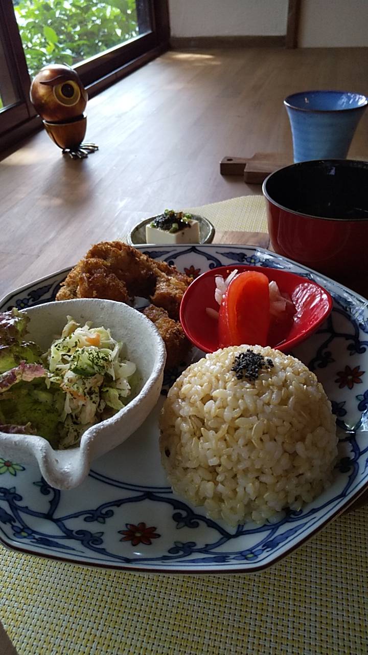 玄米ご飯に車麩のカツ、季節のお惣菜をのせたヘルシーランチです