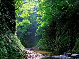 春雪解け水で満水になる川は夏、歩けるくらいの水位に変動します。
