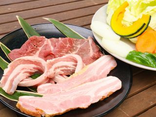 お肉は牛肉・富士桜ポーク・ベーコン・ ウインナー・季節の野菜盛り、ご飯も付きます